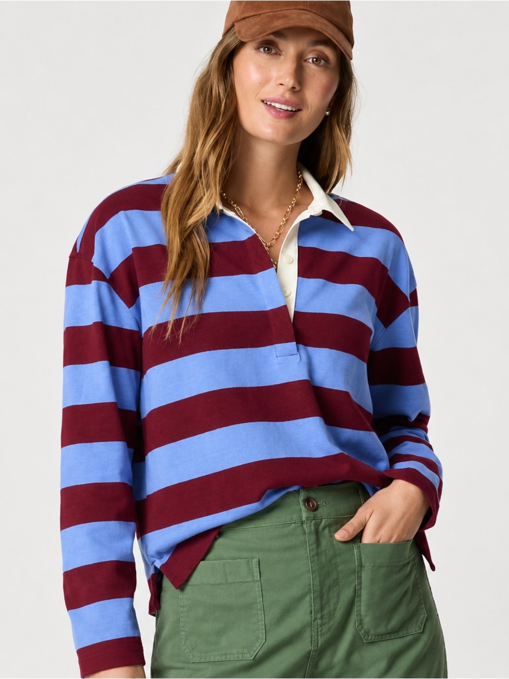 J.Crew Striped Rugby Shirt Burgundy Blue Cotton Collared Top Medium